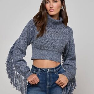 L'AGENCE Heathered Blue Fringe Turtleneck Sweater